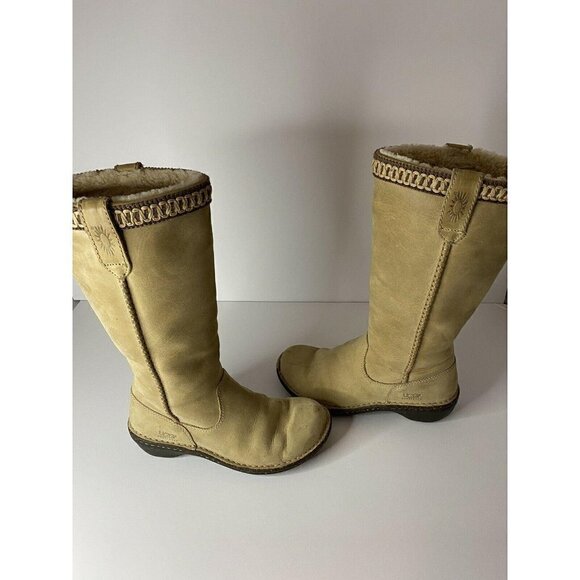 UGG Braided Size 5 Knee-High Riding Boots Suede Sheepskin Shearling Tan EUC - Picture 4 of 9